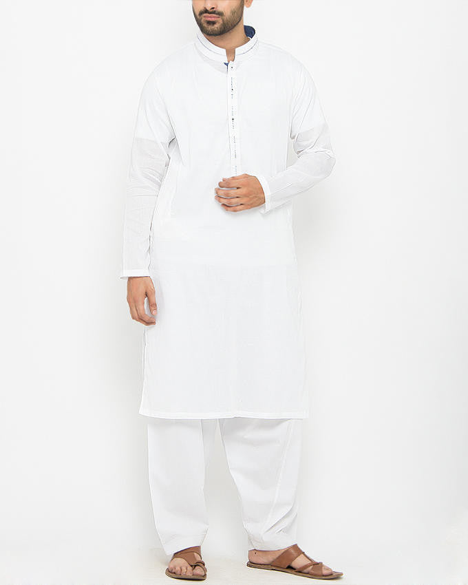 Image of Men Men Kurta White Cotton Kurta With Applique and Thread Work in Blue Color Product Code RK-15083