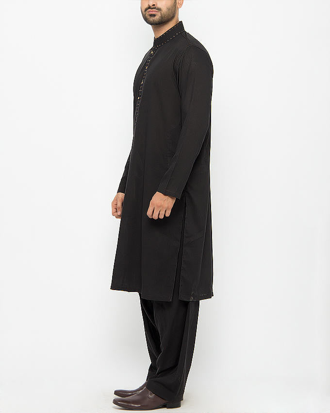 Black Shalwar Qameez Suit In blended voile with thread work in Black and Gold colors.Product Code RQ-15084