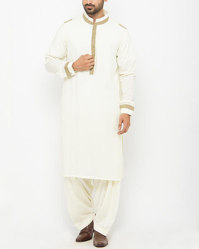 Cream Shalwar Qameez suit with detailed Applique Work. Product Code RQ-15089