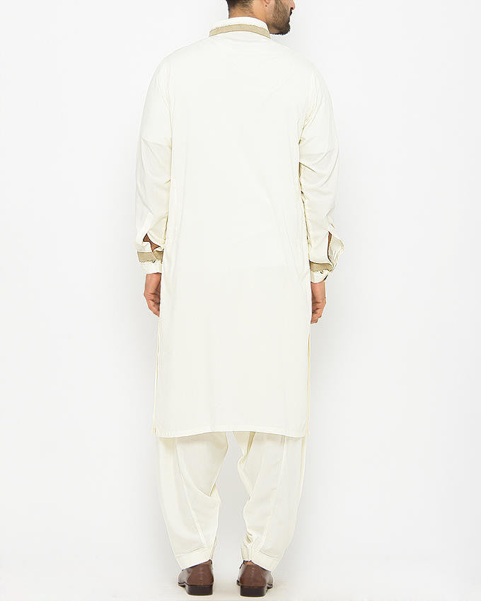 Image of Men Men Shalwar Qameez Cream Shalwar Qameez suit with detailed Applique Work. Product Code RQ-15089