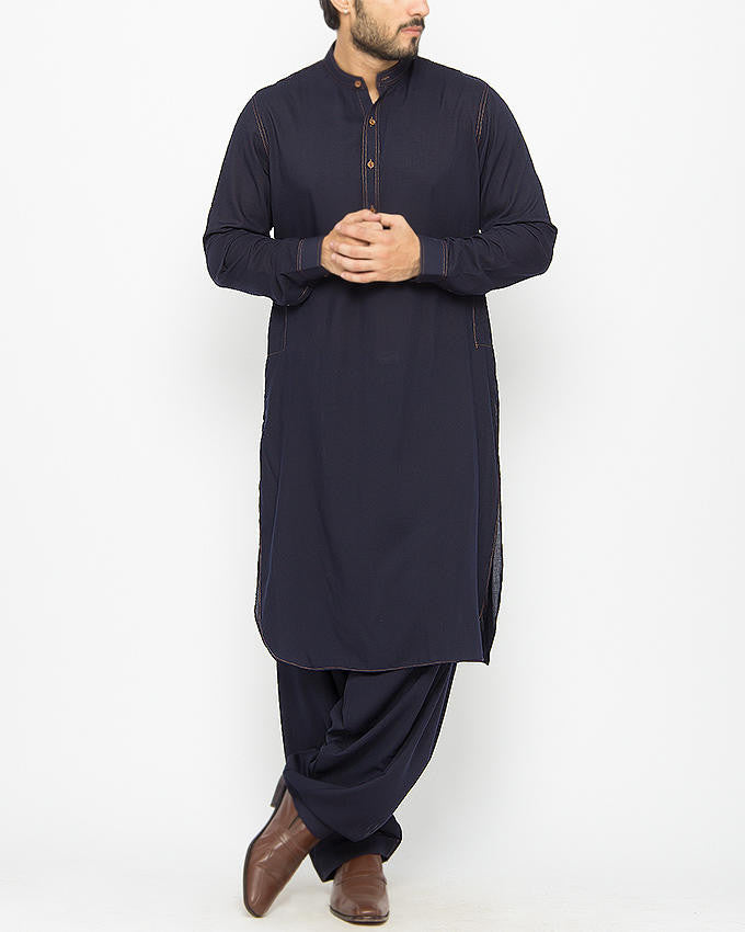Image of Men Men Shalwar Qameez Navy Blue Shalwar Qameez Suit in blended voile with detailed thread work in rust color.Product Code RQ-15078