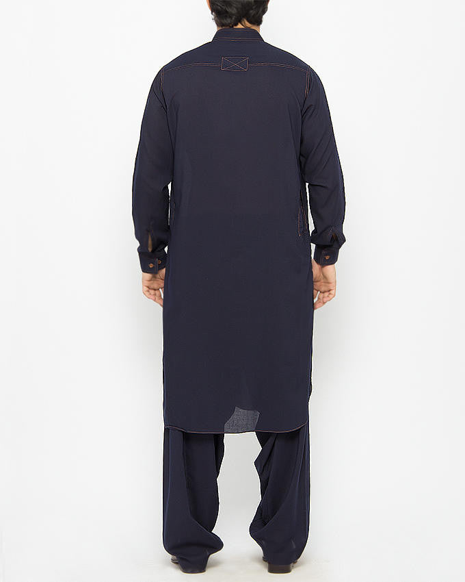 Navy Blue Shalwar Qameez Suit in blended voile with detailed thread work in rust color.Product Code RQ-15078