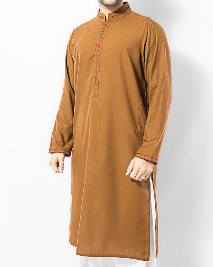 Image of Men Men Kurta Mustard Brown Kurta in Blended Fabric with apllique and embroidery in contrast Red colorProduct Code RK-15002