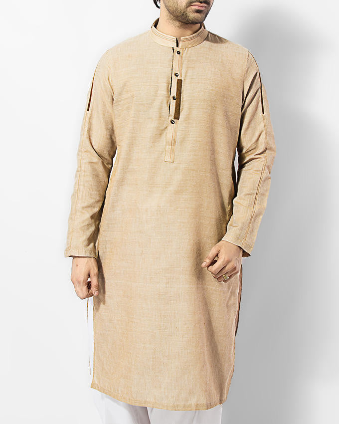 Image of Men Men Kurta Fawn colored Kurta in cotton Chambray with applique and thread work.Product Code RK-15007