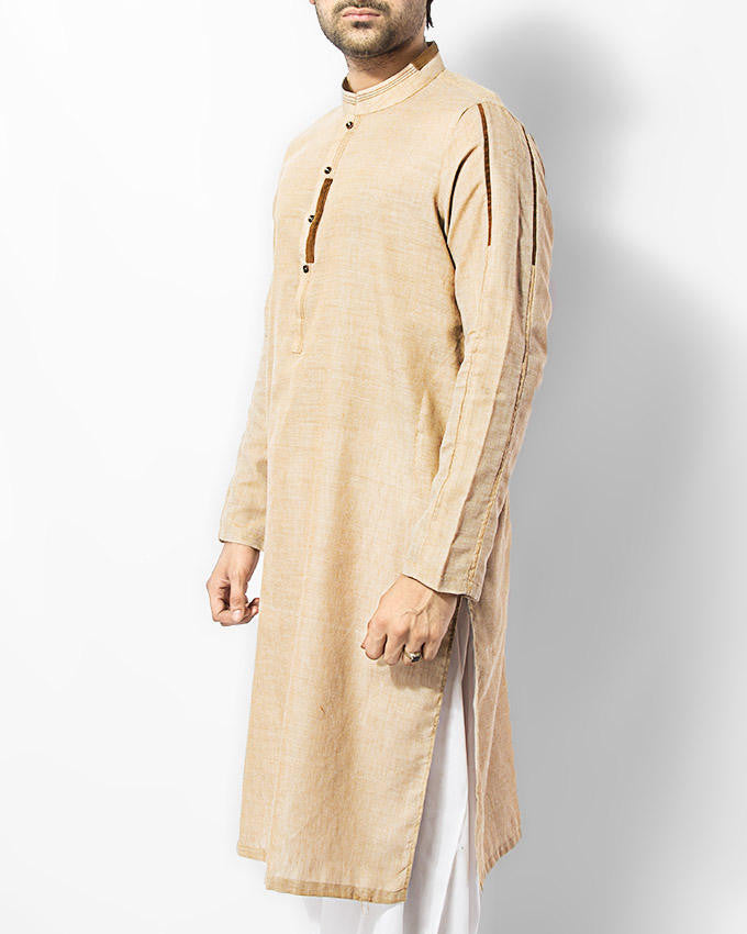 Fawn colored Kurta in cotton Chambray with applique and thread work.Product Code RK-15007