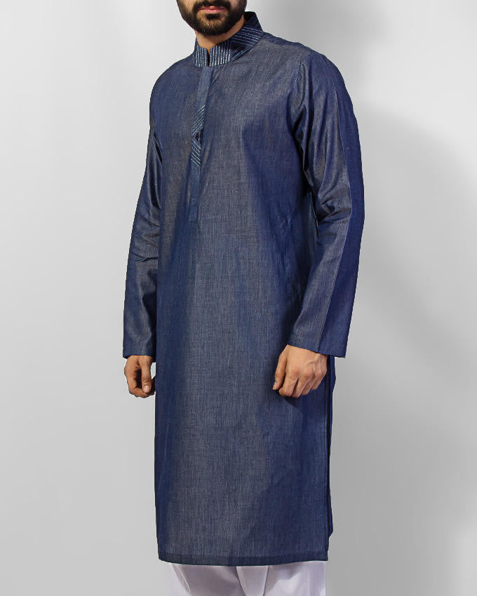 Image of Men Men Kurta Denim Blue Kurta in 100% Cotton designed with thread and applique works. Product Code RK-15037