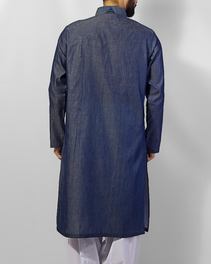 Denim Blue Kurta in 100% Cotton designed with thread and applique works. Product Code RK-15037