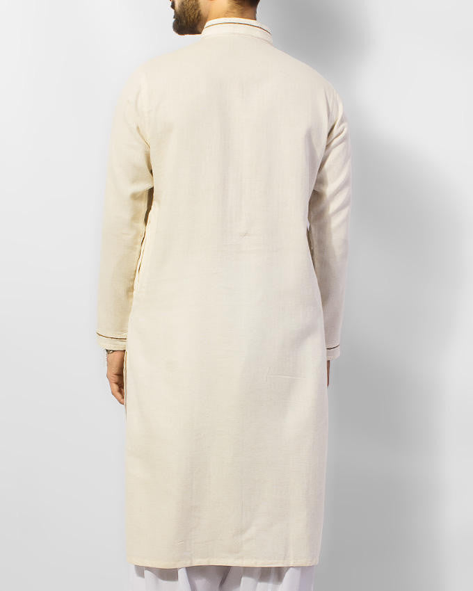 Cream colored kurta in twill weave with applique work Product Code RK-15048