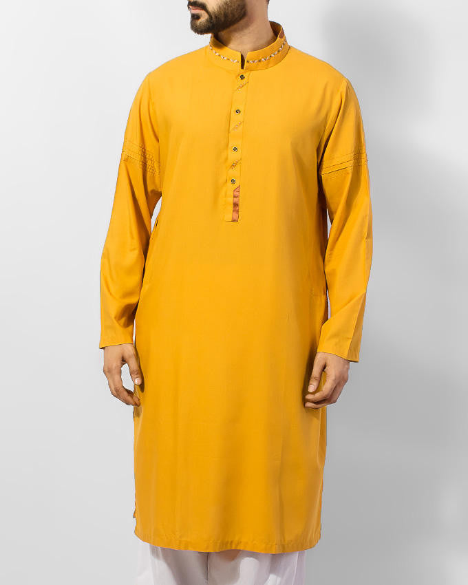 Image of Men Men Kurta Sun Gold (Yellow) colored Cotton Kurta in blended fabric with embroidery in colorful threads. Product Code RK-15051
