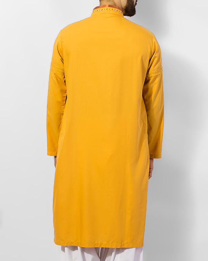 Sun Gold (Yellow) colored Cotton Kurta in blended fabric with embroidery in colorful threads. Product Code RK-15051