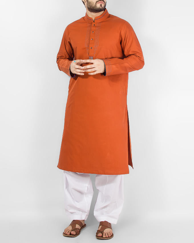 Image of Men Men Kurta Shalwar Orange- Red colored Kurta (applique and thread work) with Milky White Shalwar. Product Code RQ-14155