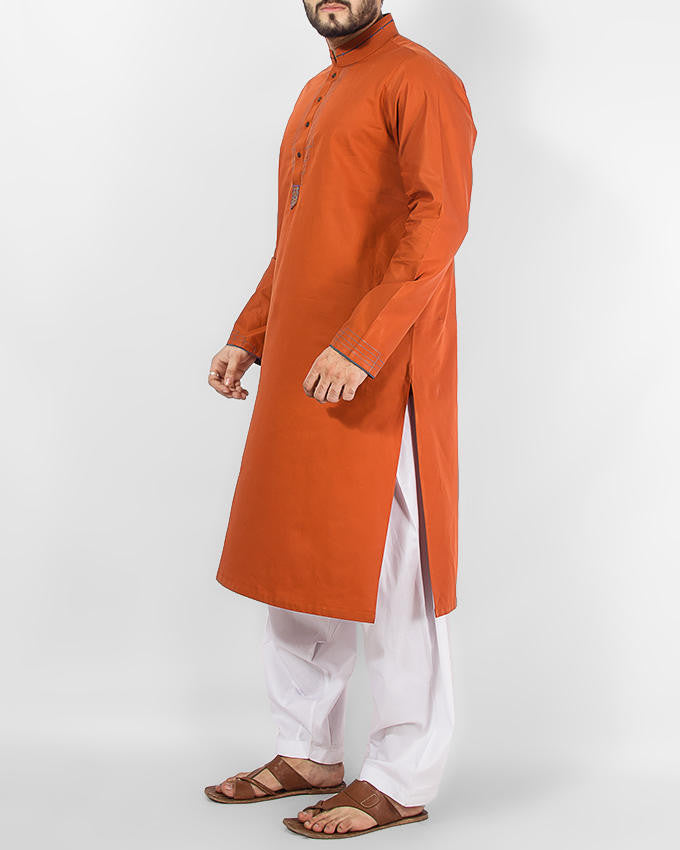 Orange- Red colored Kurta (applique and thread work) with Milky White Shalwar. Product Code RQ-14155