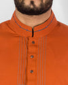 Orange- Red colored Kurta (applique and thread work) with Milky White Shalwar. Product Code RQ-14155
