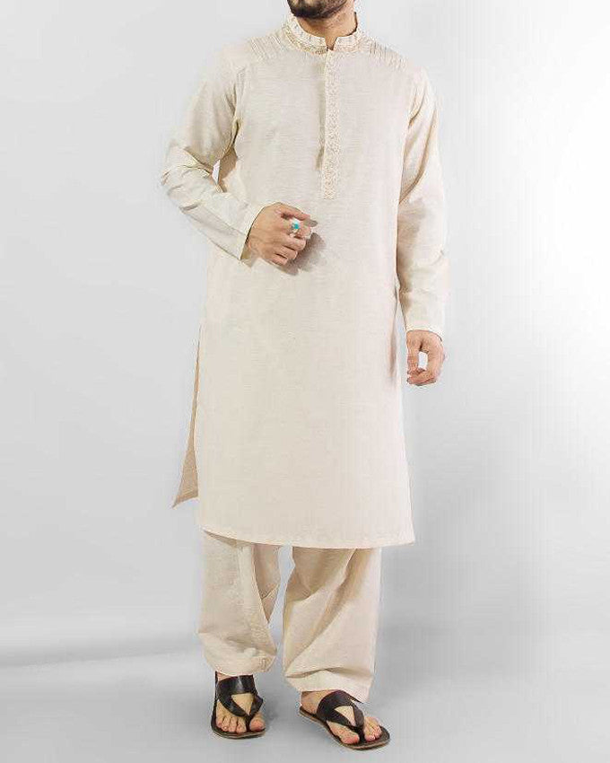 Image of Men Men Shalwar Qameez Cream colored embroidered Formal Shalwar Qameez Suit in Blended Fabric. Product Code RQ-14157