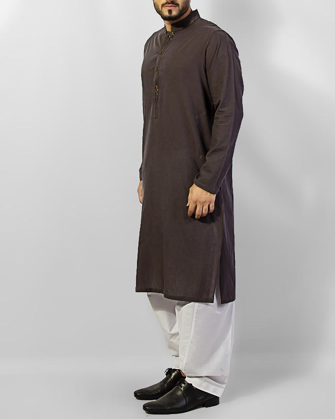 Charocoal Grey Kurta with embroidery and applique work along with Milky White Shalwar. Product Code RQ-15033