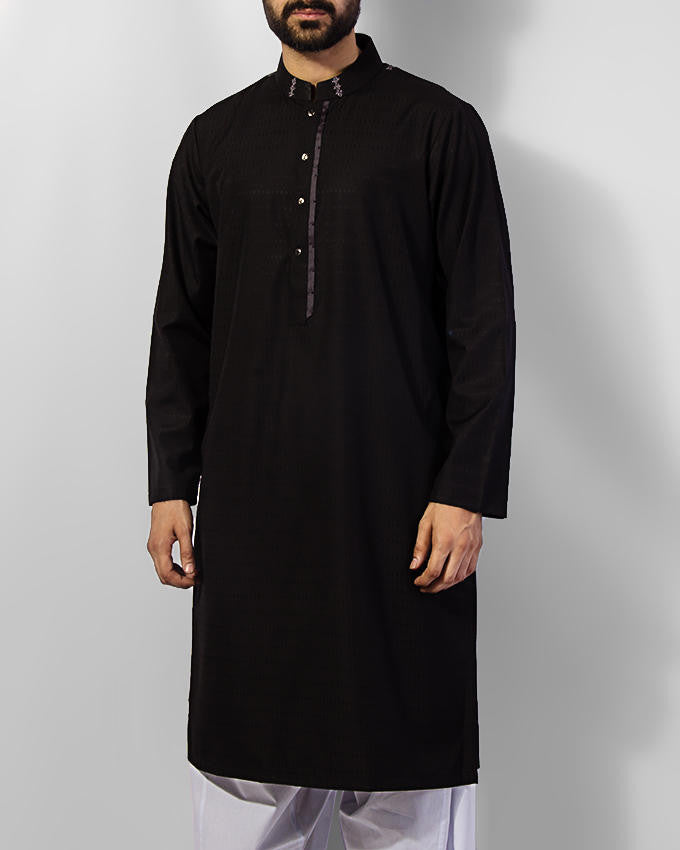 Image of Men Men Shalwar Qameez Black Cotton Kurta in Textutred fabric with sleek embroidery along-with Milky White Shalwar. Product Code RQ-15038