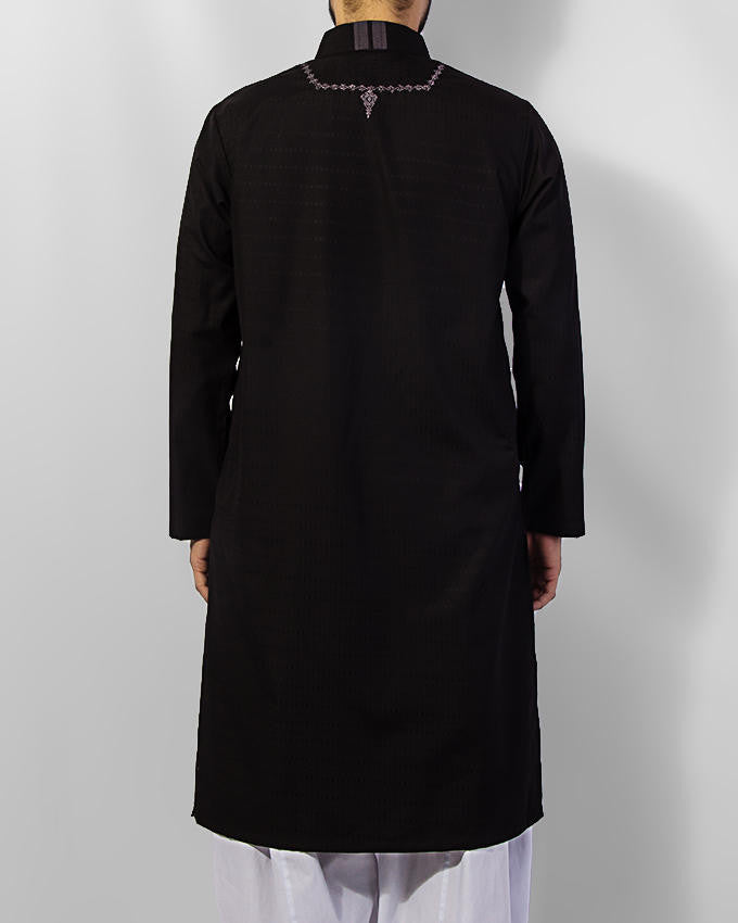 Black Cotton Kurta in Textutred fabric with sleek embroidery along-with Milky White Shalwar. Product Code RQ-15038