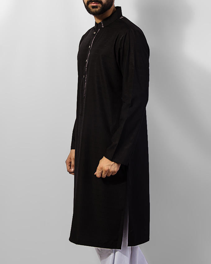 Black Cotton Kurta in Textutred fabric with sleek embroidery along-with Milky White Shalwar. Product Code RQ-15038