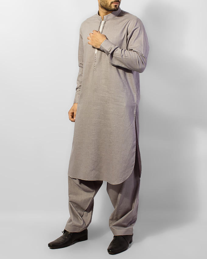 Image of Men Men Shalwar Qameez Grey colored designer shalwar qameez suit with detailed applique and thread work. Product Code RQ-15058