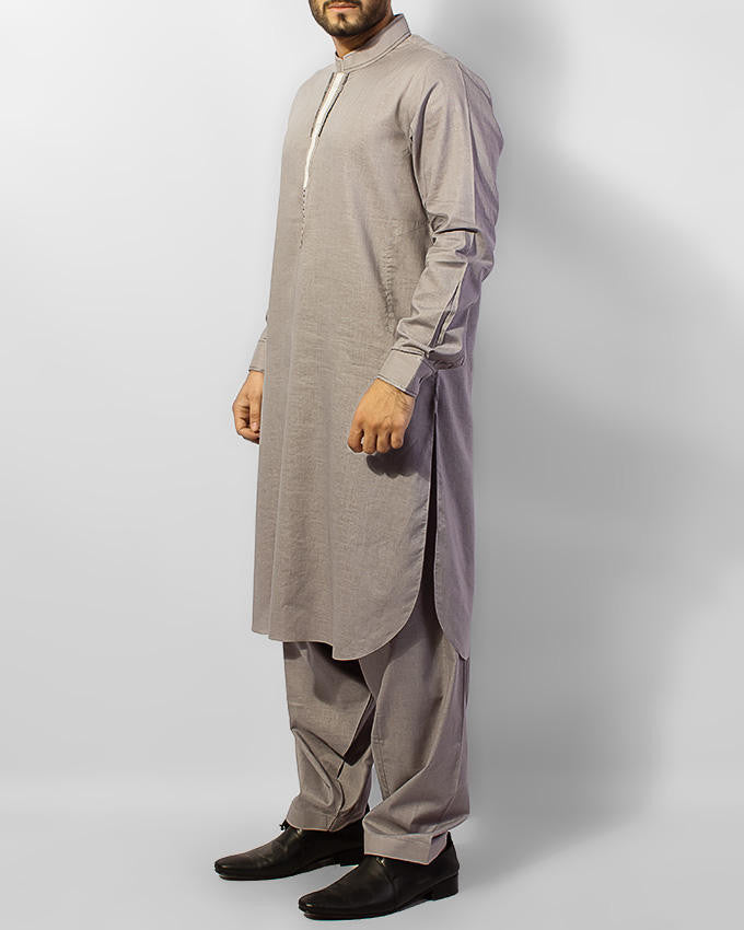 Grey colored designer shalwar qameez suit with detailed applique and thread work. Product Code RQ-15058