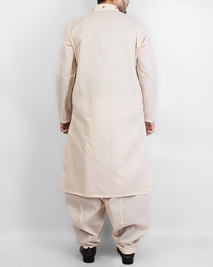 Light Peach colored Cotton Shawar Qameez Suit. Product Code RQ-15073