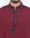Maroon Colored Shalwar Qameez in Dyed Yarn Cotton With Applique in Contrast Fabrics. Product Code RQ-15092