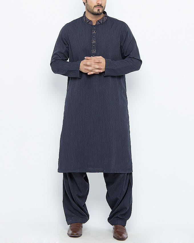 Image of Men Men Shalwar Qameez Dark Indigo Shalwar Qameez Suit in Pin-Striped blended Fabric with Applique and Thread Work. Product Code RQ-15094