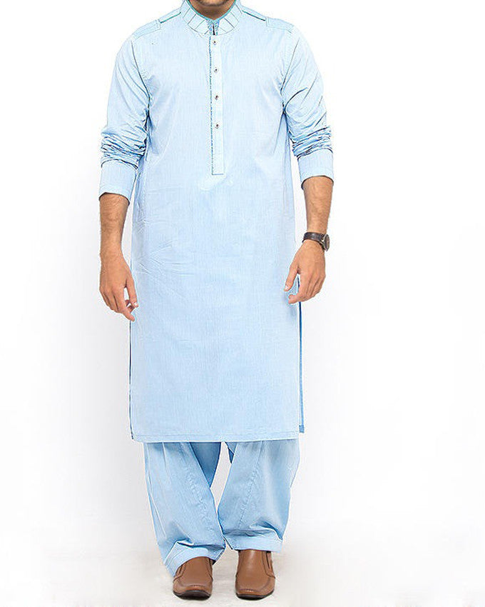 Image of Men Men Shalwar Qameez Sky Blue Colored Shalwar Qameez Suit Cotton  Fabric with Embroidery and Applique Work Product Code RQ-15308
