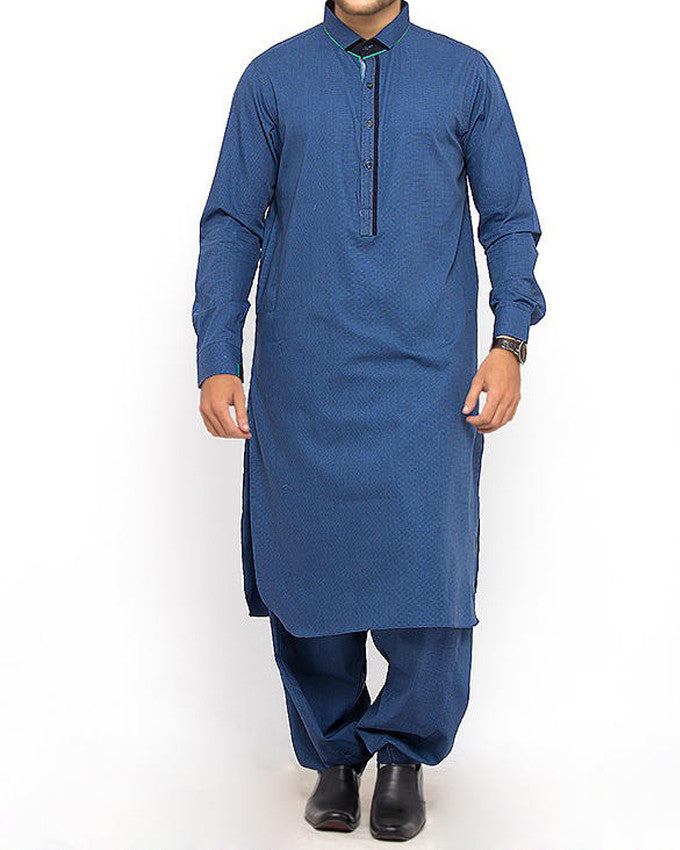 Image of Men Men Shalwar Qameez Basic Blue shalwar Qameez Suit Blended dyed yarn with Applique work Product Code RQ-15311