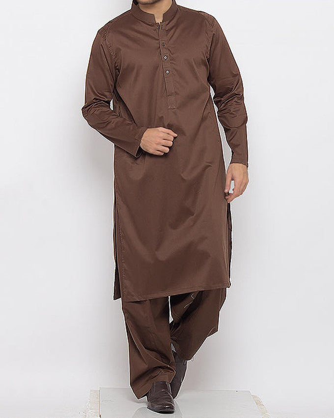 Image of Men Men Shalwar Qameez Dark Brown Shalwar Qameez in Cotton Fabric With Thread Work Product Code RQ-15336