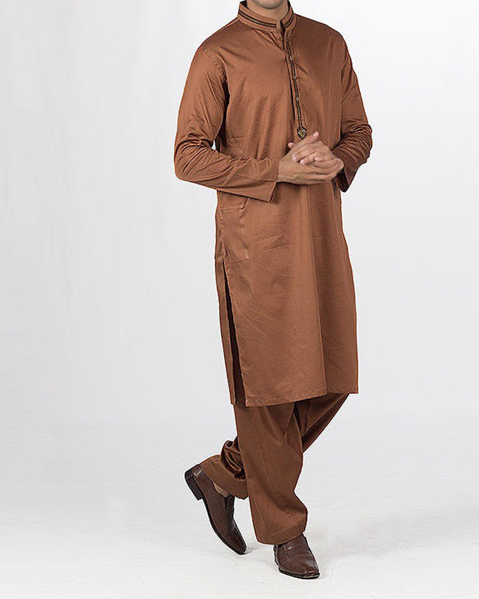 Choclate Brown Shalwar Qameez Suit in 100% fine Cotton with designer applique & thread work .Product Code RQ-16126