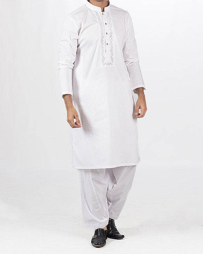 Image of Men Men Shalwar Qameez White Cotton Shalwar Qameez Suit with Embroidered front. Product Code RQ-16127