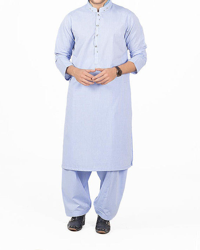 Image of Men Men Shalwar Qameez Sky Blue Shalwar Qameez Suit in Cotton with Applique & Thread work. Product Code RQ-16130