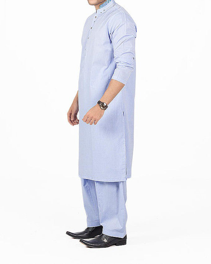 Sky Blue Shalwar Qameez Suit in Cotton with Applique & Thread work. Product Code RQ-16130