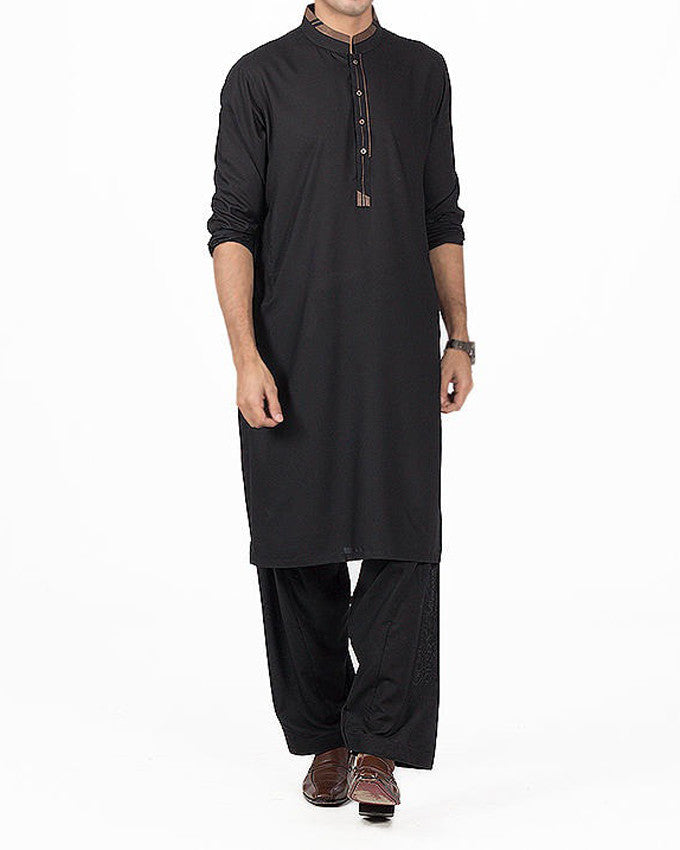 Image of Men Men Shalwar Qameez Black Shalwar Qameez Suit in Blended PV Fabric with applique and Thread work Product Code RQ-16138