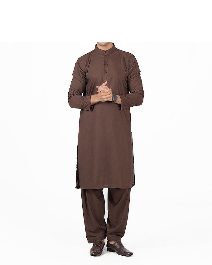Image of Men Men Shalwar Qameez Brown Shalwar Qameez Suit in blended voile with slight thread work. Product Code RQ-16155