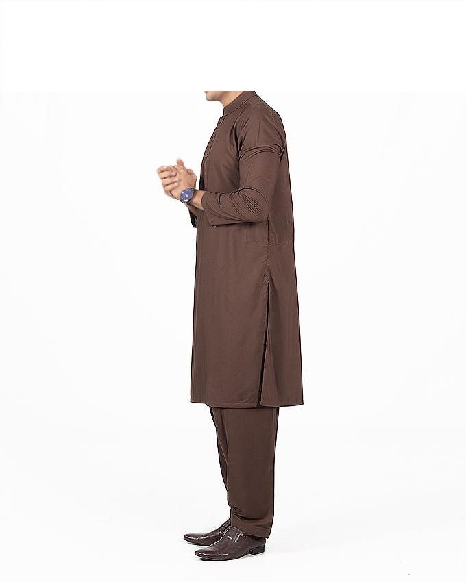 Brown Shalwar Qameez Suit in blended voile with slight thread work. Product Code RQ-16155