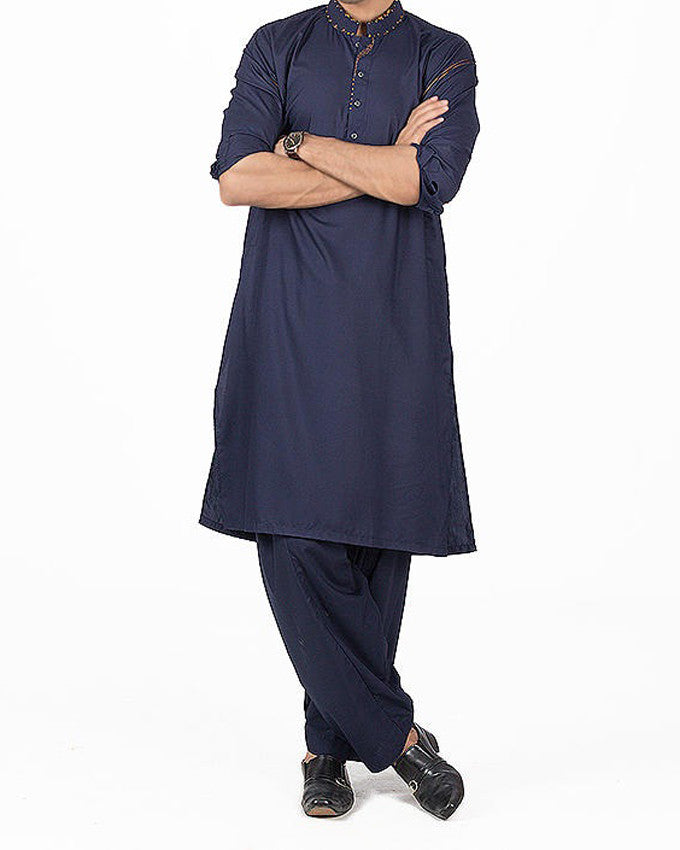 Image of Men Men Shalwar Qameez Royal Blue Shalwar Qameez suit in blended fabric with detailed embroidery & applique work. Product Code RQ-16158
