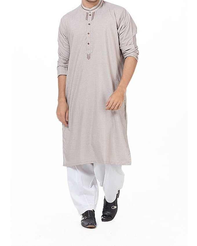 Image of Men Men Shalwar Qameez Smoke Grey Shalwar Qameez Suit in blended fabric with designer applique & Thread Work. Product Code RQ-16162