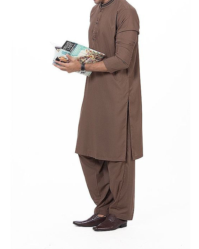 Image of Men Men Shalwar Qameez Raw Coffee colored shalwar Qameez suit in blended voile with hand embroidery & applique work Product Code RQ-16163