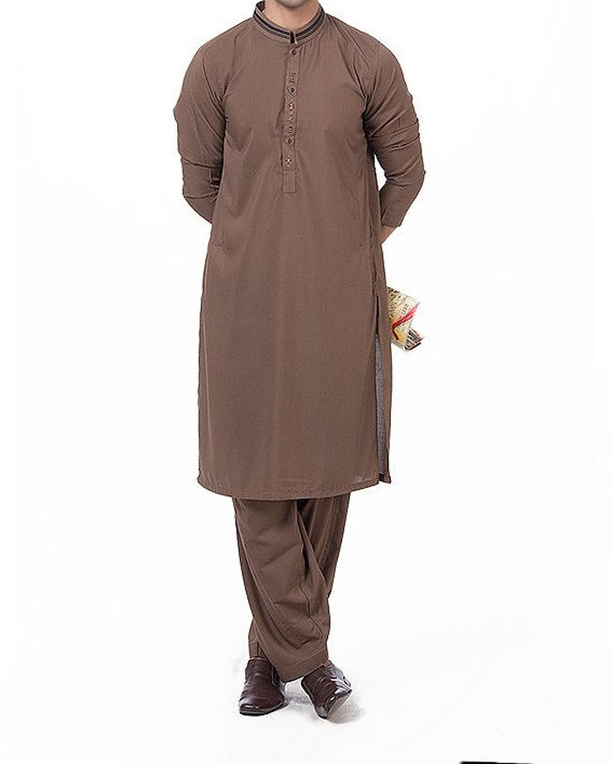 Raw Coffee colored shalwar Qameez suit in blended voile with hand embroidery & applique work Product Code RQ-16163