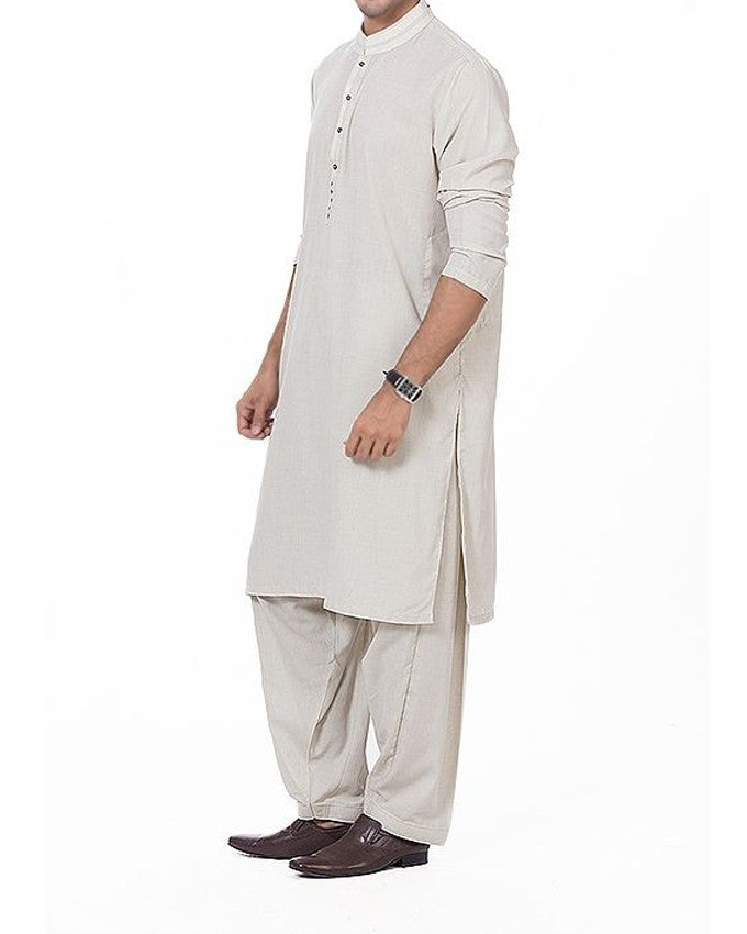 Image of Men Men Shalwar Qameez Ash White Shalwar Qameez Suit in Blended Fabric with slight applique  work Product Code RQ-16165