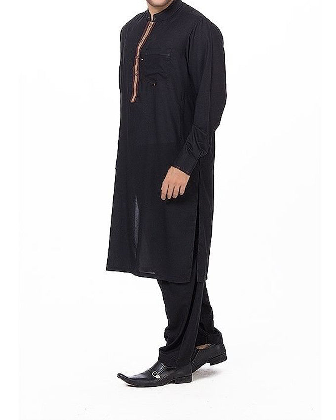 Image of Men Men Shalwar Qameez Black Shalwar Qameez Suit in Blended voile  Fabric with applique  work Product Code RQ-16166