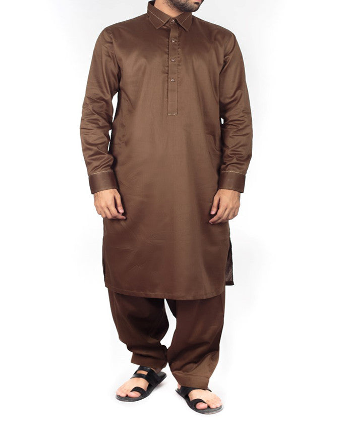 Image of Men Men Shalwar Qameez Sepia Brown Shalwar Qameez Suit in Blended fabric with Shirt Collar and light applique & thread work Product Code RQ-16202