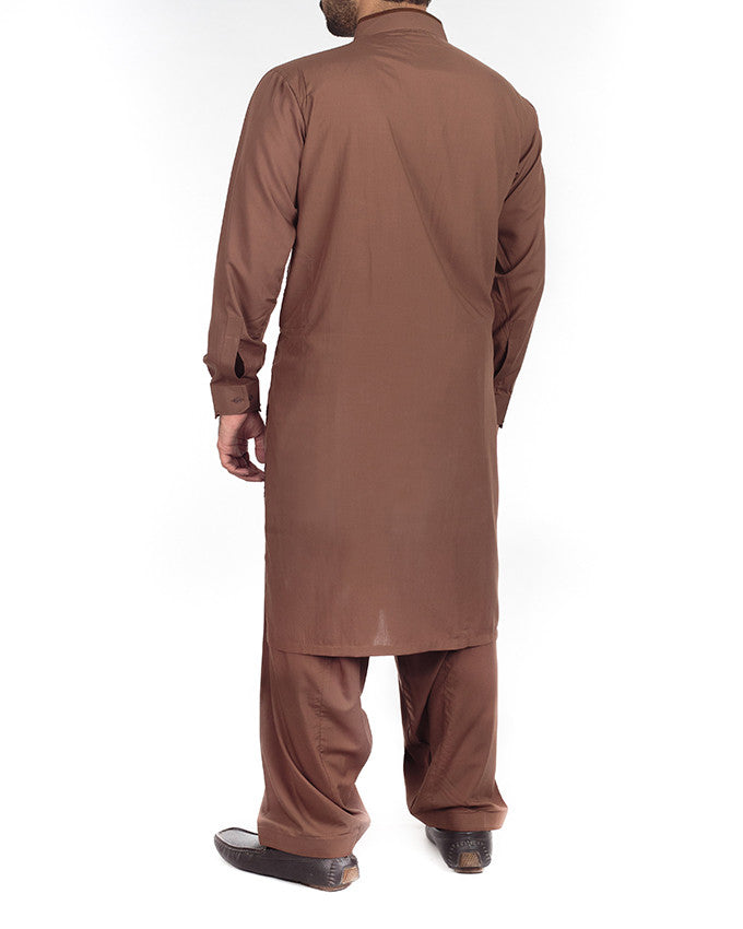 Original Brown Shalwar Qameez Suit in Blended Fabric with designer cuts and applique work Product Code RQ-16204