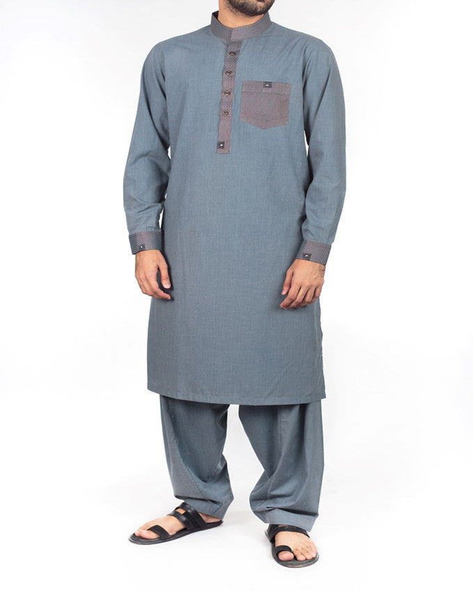 Image of Men Men Shalwar Qameez Royal Grey Shalwar Qameez Suit in Blended Fabric with designer applique work in detail. Product Code RQ-16206
