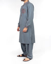 Royal Grey Shalwar Qameez Suit in Blended Fabric with designer applique work in detail. Product Code RQ-16206