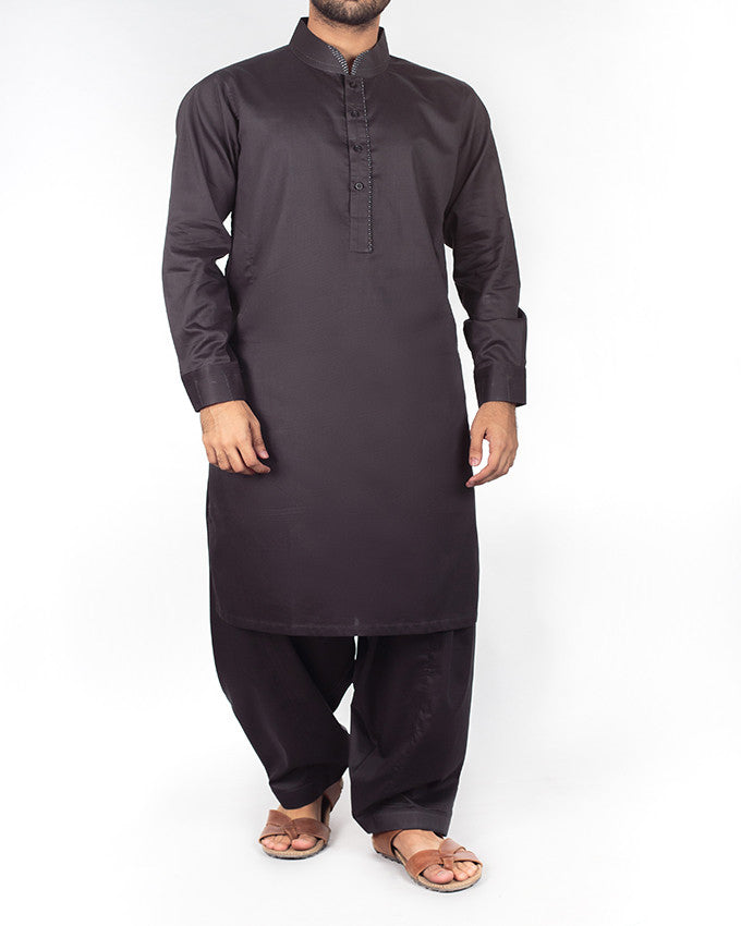 Image of Men Men Shalwar Qameez Black Shalwar Qameez suit (100% fine count cotton) with design details. Product Code RQ-16209