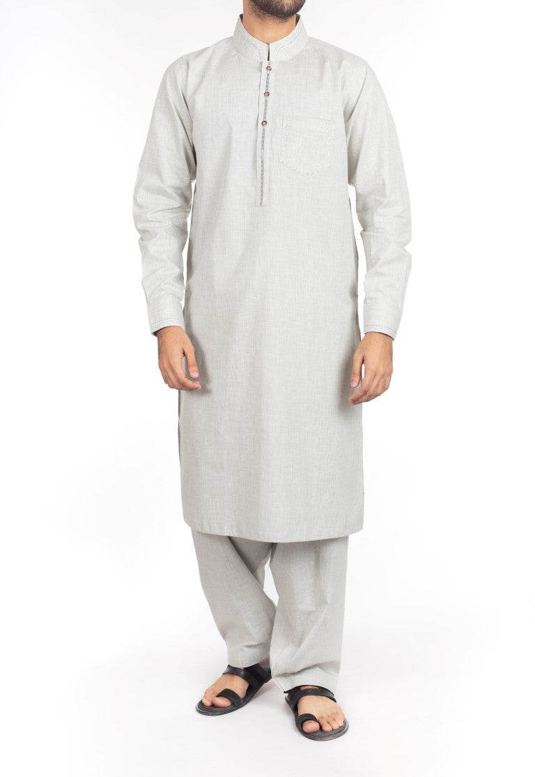 Image of Men Men Shalwar Qameez Ash Grey Shalwar Qameez  suit in Blended fabric with Thread  & Applique work. Product Code RQ-16217