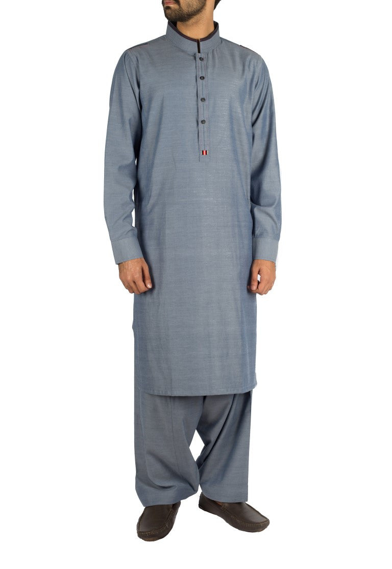 Image of Men Men Shalwar Qameez Denim Blue Shalwar Qameez suit in Blended fabric with Thread & Applique work . Product Code RQ-16226